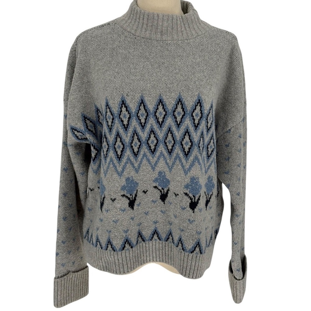 Sonoma Lauren‎ Lane Gray Blue Fair Isle Mock Neck Sweater Pullover XXL